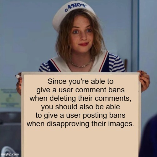 Would be convenient to see | Since you're able to give a user comment bans when deleting their comments, you should also be able to give a user posting bans when disapproving their images. | image tagged in robin stranger things meme,banned | made w/ Imgflip meme maker