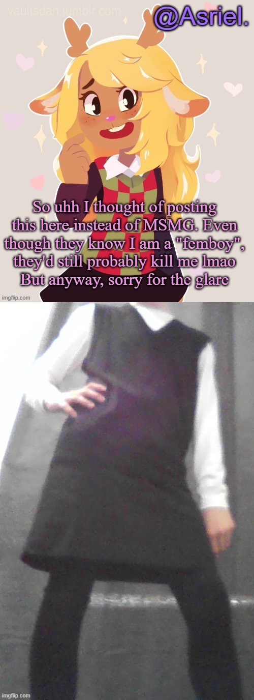 Umm, my camera quality is terrible so please forgive me about that. | So uhh I thought of posting this here instead of MSMG. Even though they know I am a "femboy", they'd still probably kill me lmao
But anyway, sorry for the glare | made w/ Imgflip meme maker