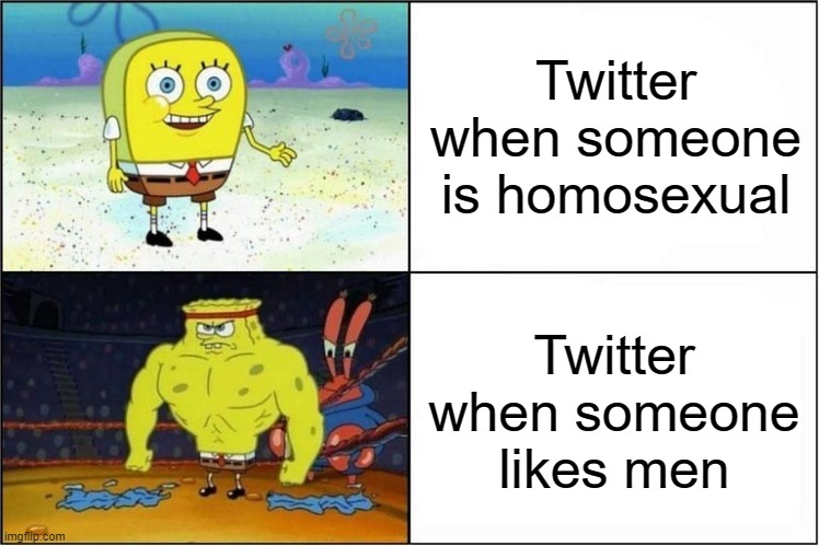 Weak vs Strong Spongebob | Twitter when someone is homosexual; Twitter when someone likes men | image tagged in weak vs strong spongebob | made w/ Imgflip meme maker