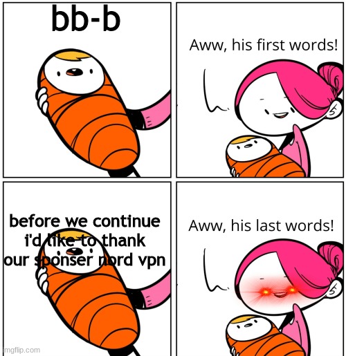 :) | bb-b; before we continue i'd like to thank our sponser nord vpn | image tagged in aww his last words | made w/ Imgflip meme maker