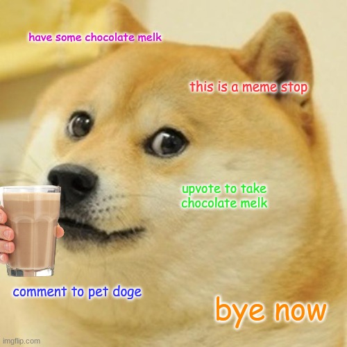 Doge | have some chocolate melk; this is a meme stop; upvote to take chocolate melk; comment to pet doge; bye now | image tagged in memes,doge | made w/ Imgflip meme maker