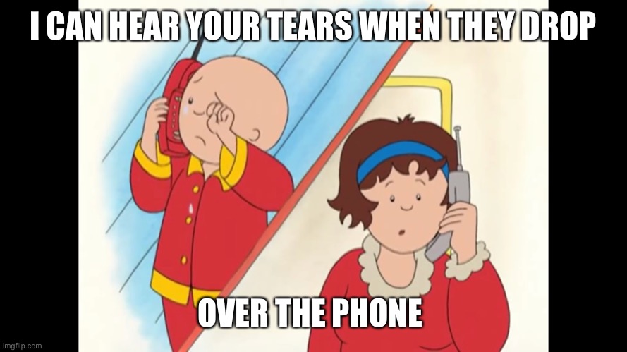 Caillou crying | I CAN HEAR YOUR TEARS WHEN THEY DROP; OVER THE PHONE | image tagged in caillou crying | made w/ Imgflip meme maker