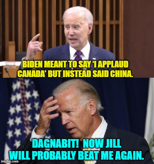 Well . . . we are allowed to fantasize. | BIDEN MEANT TO SAY ‘I APPLAUD CANADA’ BUT INSTEAD SAID CHINA. DAGNABIT!  NOW JILL WILL PROBABLY BEAT ME AGAIN. | image tagged in yep | made w/ Imgflip meme maker