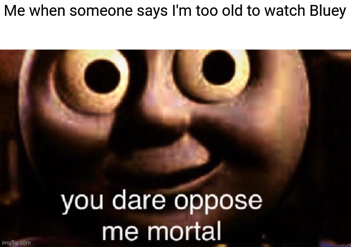 Adults can watch Bluey, too! | Me when someone says I'm too old to watch Bluey | image tagged in you dare oppose me mortal,bluey | made w/ Imgflip meme maker