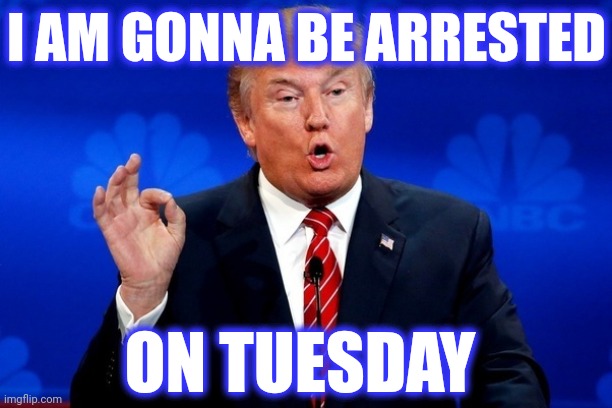 Donald Trump Ok | I AM GONNA BE ARRESTED ON TUESDAY | image tagged in donald trump ok | made w/ Imgflip meme maker