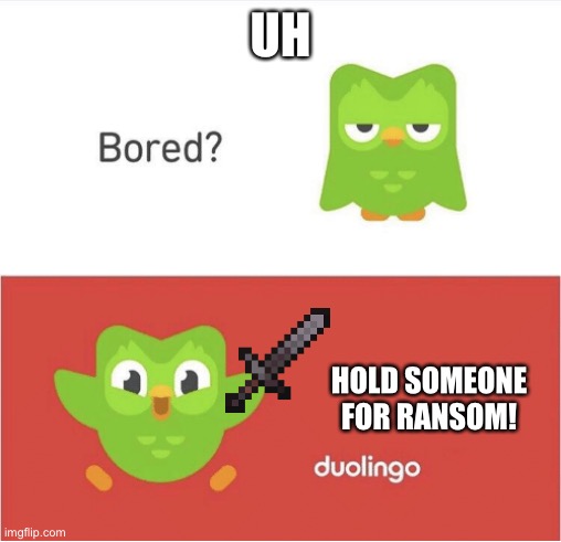 DUOLINGO BORED | UH; HOLD SOMEONE FOR RANSOM! | image tagged in duolingo bored | made w/ Imgflip meme maker