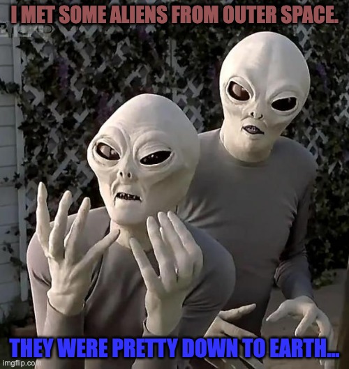 Aliens | I MET SOME ALIENS FROM OUTER SPACE. THEY WERE PRETTY DOWN TO EARTH... | image tagged in aliens,bad pun,memes,funny | made w/ Imgflip meme maker