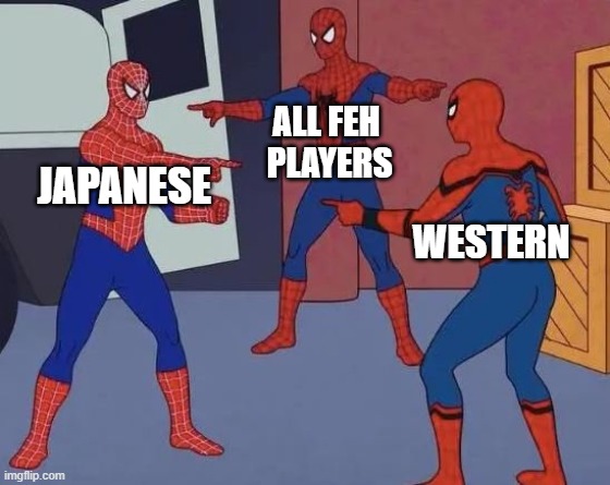 3 Spiderman Pointing | ALL FEH
 PLAYERS; JAPANESE; WESTERN | image tagged in 3 spiderman pointing | made w/ Imgflip meme maker