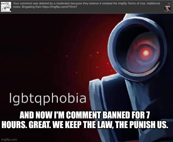 AND NOW I'M COMMENT BANNED FOR 7 HOURS. GREAT. WE KEEP THE LAW, THE PUNISH US. | image tagged in lgbtqphobia | made w/ Imgflip meme maker