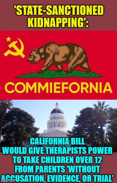 Commiefornia does it again... | 'STATE-SANCTIONED KIDNAPPING':; CALIFORNIA BILL WOULD GIVE THERAPISTS POWER TO TAKE CHILDREN OVER 12 FROM PARENTS 'WITHOUT ACCUSATION, EVIDENCE, OR TRIAL' | image tagged in commie,california,kidnapping | made w/ Imgflip meme maker