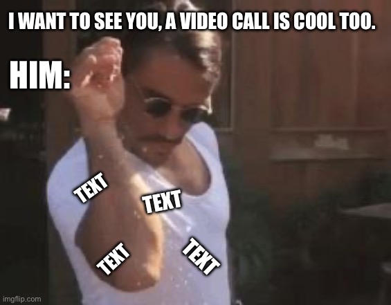All he does is txt | I WANT TO SEE YOU, A VIDEO CALL IS COOL TOO. HIM:; TEXT; TEXT; TEXT; TEXT | image tagged in sprinkle chef | made w/ Imgflip meme maker