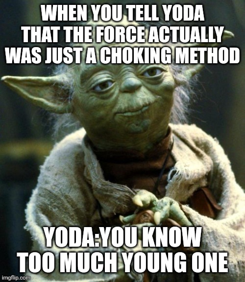You know too much | WHEN YOU TELL YODA THAT THE FORCE ACTUALLY WAS JUST A CHOKING METHOD; YODA:YOU KNOW TOO MUCH YOUNG ONE | image tagged in memes,star wars yoda,funny memes | made w/ Imgflip meme maker