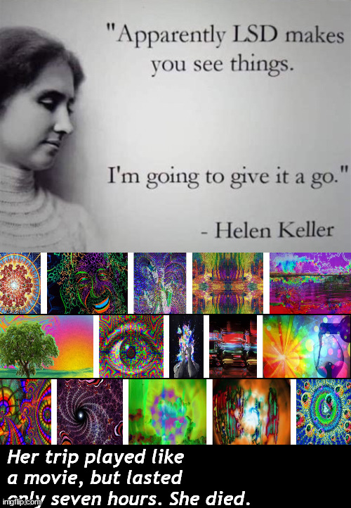 Helen Keller, took a trip | Her trip played like a movie, but lasted only seven hours. She died. | image tagged in memes,dark humor | made w/ Imgflip meme maker