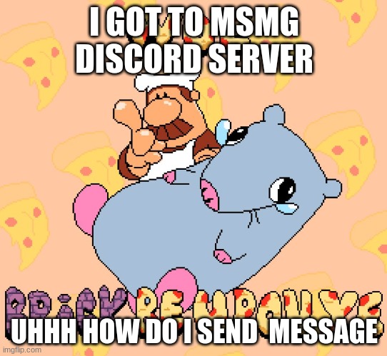 Woe brick be upon ye | I GOT TO MSMG DISCORD SERVER; UHHH HOW DO I SEND  MESSAGE | image tagged in woe brick be upon ye | made w/ Imgflip meme maker