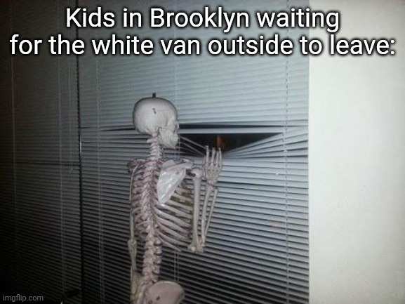 Skeleton Looking Out Window | Kids in Brooklyn waiting for the white van outside to leave: | image tagged in skeleton looking out window | made w/ Imgflip meme maker