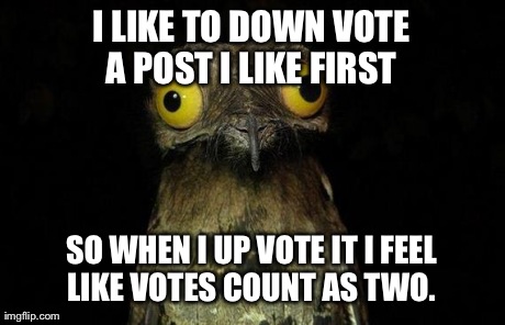 Weird Stuff I Do Potoo | I LIKE TO DOWN VOTE A POST I LIKE FIRST  SO WHEN I UP VOTE IT I FEEL LIKE VOTES COUNT AS TWO. | image tagged in memes,weird stuff i do potoo | made w/ Imgflip meme maker