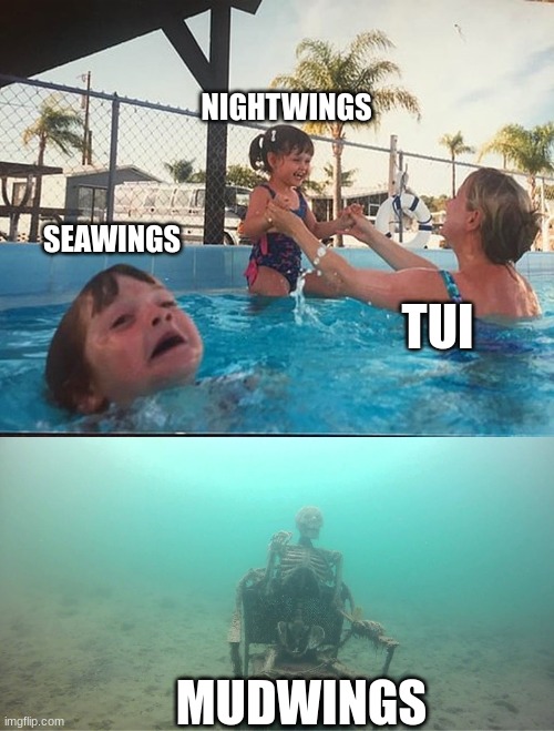 drowning kid + skeleton | NIGHTWINGS; SEAWINGS; TUI; MUDWINGS | image tagged in drowning kid skeleton | made w/ Imgflip meme maker