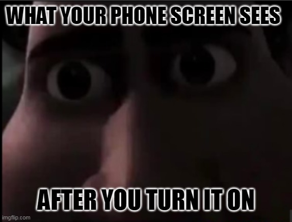 Phone Screen POV in a nutshell | WHAT YOUR PHONE SCREEN SEES; AFTER YOU TURN IT ON | image tagged in tighten stare,cell phone,social media | made w/ Imgflip meme maker