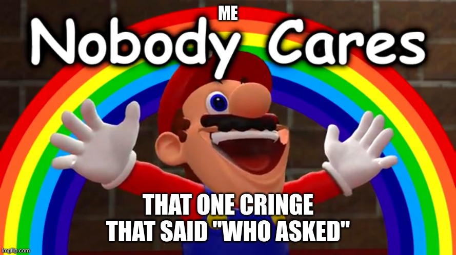 Nobody Cares | ME; THAT ONE CRINGE THAT SAID ''WHO ASKED" | image tagged in nobody cares | made w/ Imgflip meme maker