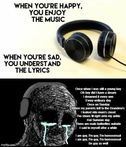 I'm referring to the beautiful song "Globální Oteplování - Já Jsem Gay" | Once when I was still a young boy
Oh boy did I have a dream
I dreamed it every one
Every ordinary day
Once on Sunday
When my parents left to the Grandma's
I looked into mum's closet
The shoes fit right onto my ankle
Hot Summer day
There are male butterflies outside
I said to myself after a while
 
I am gay, I'm gay, I'm homosexual
I am gay, I'm gay, I'm homosexual
Be gay as well | image tagged in when your sad you understand the lyrics,czech republic,lgbtq | made w/ Imgflip meme maker