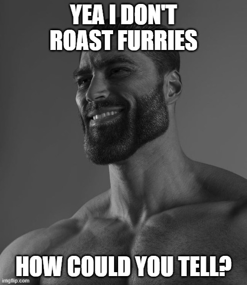 Giga Chad | YEA I DON'T ROAST FURRIES; HOW COULD YOU TELL? | image tagged in giga chad | made w/ Imgflip meme maker