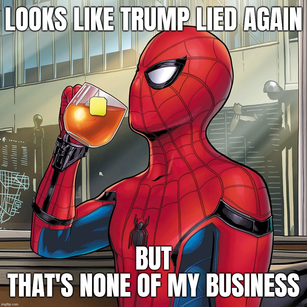 looks like trump lied again... is it tuesday yet? lol, did he say WHICH tuesday? | LOOKS LIKE TRUMP LIED AGAIN; BUT
THAT'S NONE OF MY BUSINESS | image tagged in spiderman tea but thats none of my business d-_-b template,taco tuesday,pathetic,liar,spidey | made w/ Imgflip meme maker