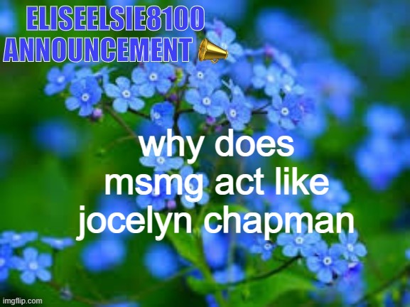 EliseElsie8100 Announcement | why does msmg act like jocelyn chapman | image tagged in eliseelsie8100 announcement | made w/ Imgflip meme maker