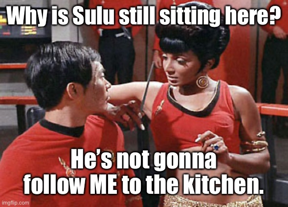 Star Trek Alternate Uhura | Why is Sulu still sitting here? He’s not gonna follow ME to the kitchen. | image tagged in star trek alternate uhura | made w/ Imgflip meme maker