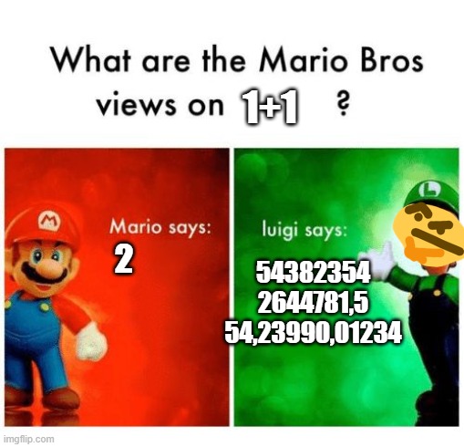 mario saysss what's 2+2?? | 1+1; 54382354
2644781,5
54,23990,01234; 2 | image tagged in mario says luigi says | made w/ Imgflip meme maker