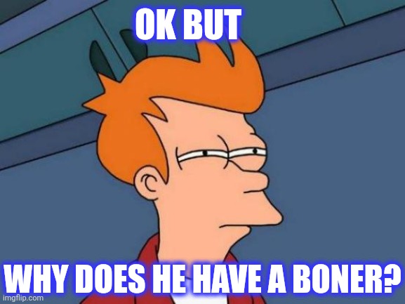 Futurama Fry Meme | OK BUT WHY DOES HE HAVE A BONER? | image tagged in memes,futurama fry | made w/ Imgflip meme maker