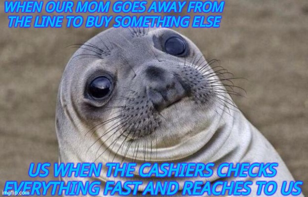 Awkward Moment Sealion | WHEN OUR MOM GOES AWAY FROM THE LINE TO BUY SOMETHING ELSE; US WHEN THE CASHIERS CHECKS EVERYTHING FAST AND REACHES TO US | image tagged in memes,awkward moment sealion | made w/ Imgflip meme maker