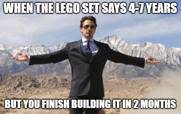 Friday Tony Stark | WHEN THE LEGO SET SAYS 4-7 YEARS; BUT YOU FINISH BUILDING IT IN 2 MONTHS | image tagged in friday tony stark | made w/ Imgflip meme maker