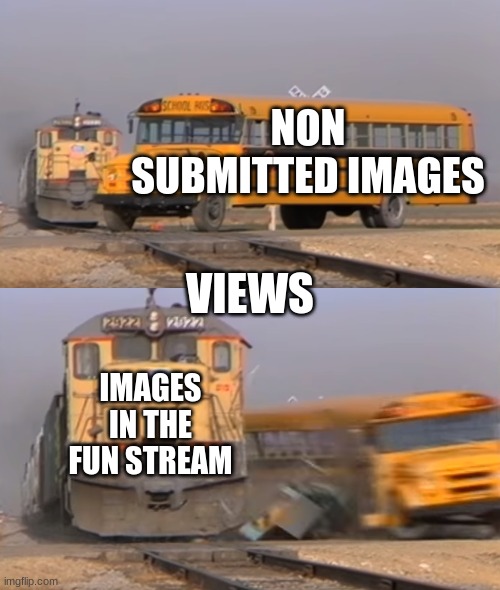 A train hitting a school bus | NON SUBMITTED IMAGES; VIEWS; IMAGES IN THE FUN STREAM | image tagged in a train hitting a school bus | made w/ Imgflip meme maker