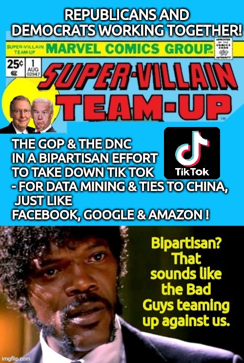 Bipartisan political crooks vs Tik Tok | REPUBLICANS AND DEMOCRATS WORKING TOGETHER! THE GOP & THE DNC IN A BIPARTISAN EFFORT TO TAKE DOWN TIK TOK - FOR DATA MINING & TIES TO CHINA,
 JUST LIKE FACEBOOK, GOOGLE & AMAZON ! | image tagged in samuel l jackson | made w/ Imgflip meme maker