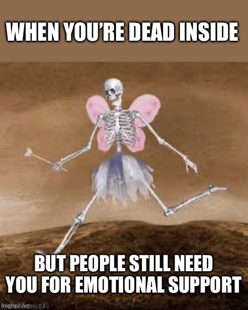 Dead inside | WHEN YOU’RE DEAD INSIDE; BUT PEOPLE STILL NEED YOU FOR EMOTIONAL SUPPORT | image tagged in skeleton fairy,emotional,support,dead inside | made w/ Imgflip meme maker