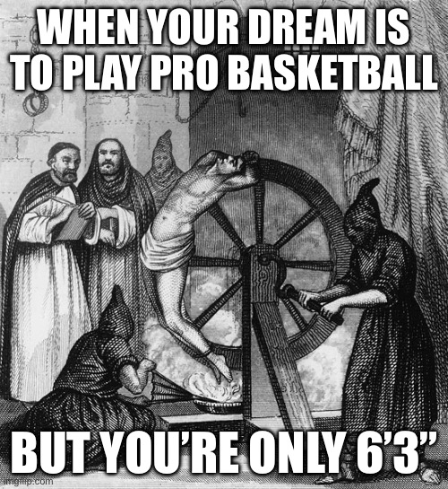 Baller | WHEN YOUR DREAM IS TO PLAY PRO BASKETBALL; BUT YOU’RE ONLY 6’3” | image tagged in torture rack wheel,stretching,basketball | made w/ Imgflip meme maker