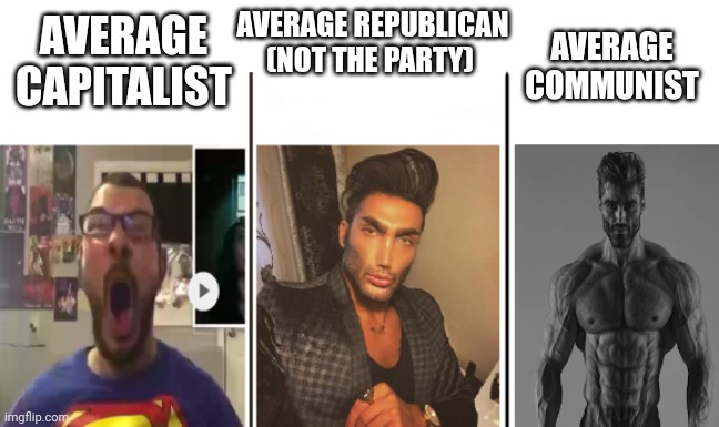 Nerd vs Chad vs Giga Chad | AVERAGE CAPITALIST AVERAGE REPUBLICAN (NOT THE PARTY) AVERAGE COMMUNIST | image tagged in nerd vs chad vs giga chad | made w/ Imgflip meme maker