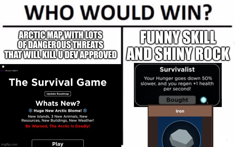 Survival game | ARCTIC MAP WITH LOTS OF DANGEROUS THREATS THAT WILL KILL U DEV APPROVED; FUNNY SKILL AND SHINY ROCK | image tagged in roblox,roblox survival game | made w/ Imgflip meme maker