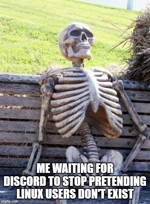 Waiting Skeleton | ME WAITING FOR DISCORD TO STOP PRETENDING LINUX USERS DON'T EXIST | image tagged in memes,waiting skeleton | made w/ Imgflip meme maker