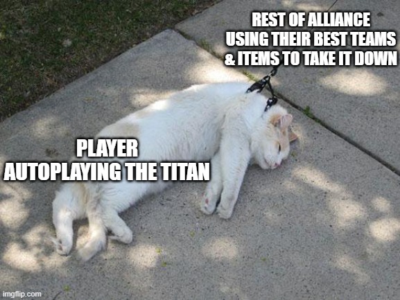 Lazy Cat | REST OF ALLIANCE USING THEIR BEST TEAMS & ITEMS TO TAKE IT DOWN; PLAYER AUTOPLAYING THE TITAN | image tagged in lazy cat | made w/ Imgflip meme maker