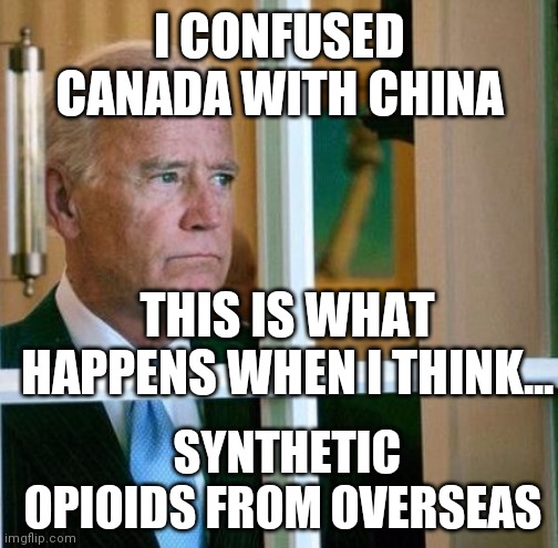 Sad Joe Biden | I CONFUSED CANADA WITH CHINA THIS IS WHAT HAPPENS WHEN I THINK... SYNTHETIC OPIOIDS FROM OVERSEAS | image tagged in sad joe biden | made w/ Imgflip meme maker