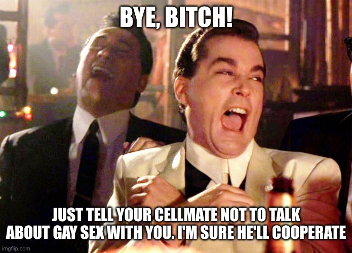 Good Fellas Hilarious Meme | BYE, BITCH! JUST TELL YOUR CELLMATE NOT TO TALK ABOUT GAY SEX WITH YOU. I'M SURE HE'LL COOPERATE | image tagged in memes,good fellas hilarious | made w/ Imgflip meme maker