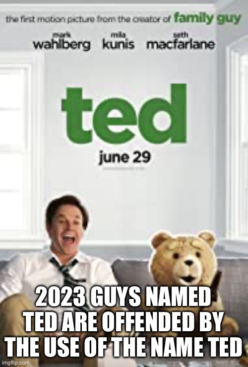 Offended guys named Ted | 2023 GUYS NAMED TED ARE OFFENDED BY THE USE OF THE NAME TED | image tagged in funny memes,ted | made w/ Imgflip meme maker