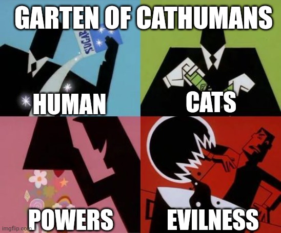 What if I turned humans into Garten of cathumans? | GARTEN OF CATHUMANS; HUMAN; CATS; POWERS; EVILNESS | image tagged in powerpuff girls creation | made w/ Imgflip meme maker