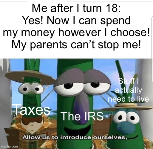 This is so true | Me after I turn 18: Yes! Now I can spend my money however I choose! My parents can’t stop me! Stuff I actually need to live; Taxes; The IRS | image tagged in allow us to introduce ourselves,memes | made w/ Imgflip meme maker