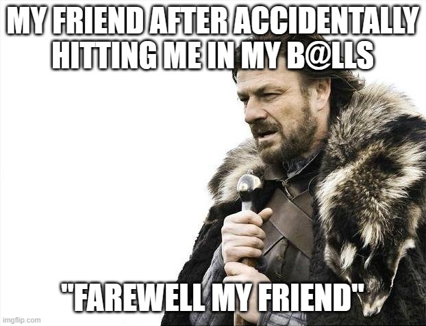 Brace Yourselves X is Coming | MY FRIEND AFTER ACCIDENTALLY HITTING ME IN MY B@LLS; "FAREWELL MY FRIEND" | image tagged in memes,brace yourselves x is coming | made w/ Imgflip meme maker