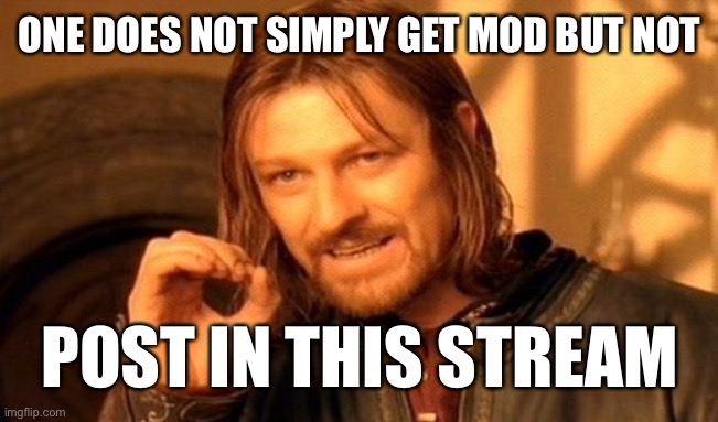 Do it for the sake of this stream... | ONE DOES NOT SIMPLY GET MOD BUT NOT; POST IN THIS STREAM | image tagged in memes,one does not simply,stream,you know what,stop reading the tags | made w/ Imgflip meme maker