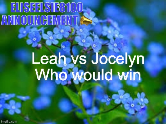 EliseElsie8100 Announcement | Leah vs Jocelyn

Who would win | image tagged in eliseelsie8100 announcement | made w/ Imgflip meme maker
