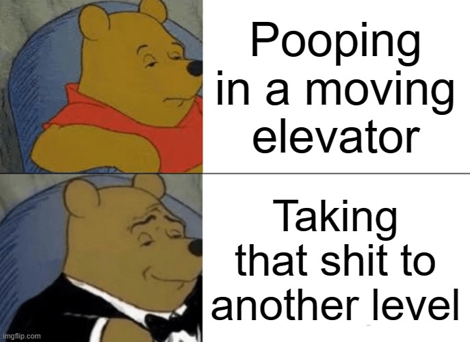 This joke is funny on so many levels | Pooping in a moving elevator; Taking that shit to another level | image tagged in memes,tuxedo winnie the pooh | made w/ Imgflip meme maker