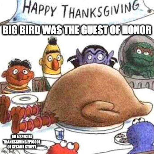 Sesame Street Thanksgiving |  BIG BIRD WAS THE GUEST OF HONOR; ON A SPECIAL THANKSGIVING EPISODE OF SESAME STREET | image tagged in sesame street,memes,big bird | made w/ Imgflip meme maker